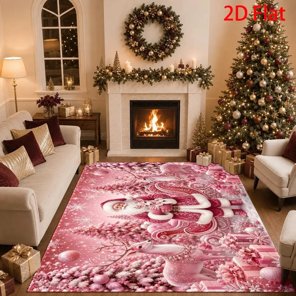 1pc 2D Flat Pink Christmas Area Rug, Santa, Snowflake & Reindeer Pattern, Soft & Durable, Machine Washable, Indoor & Outdoor