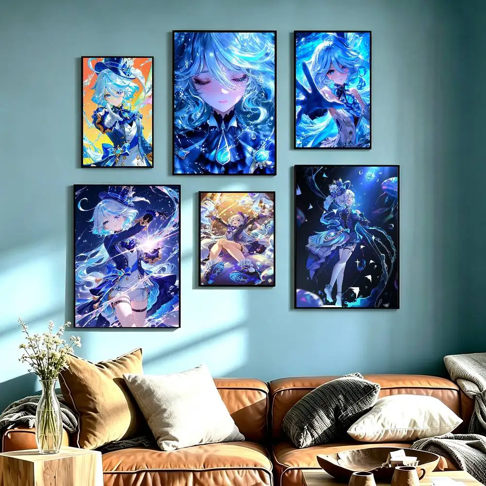 G-Genshin Impact F-Furina Poster Waterproof Wall Art Sticker For Bar Living Room Vintage Decor High Quality Print Gift