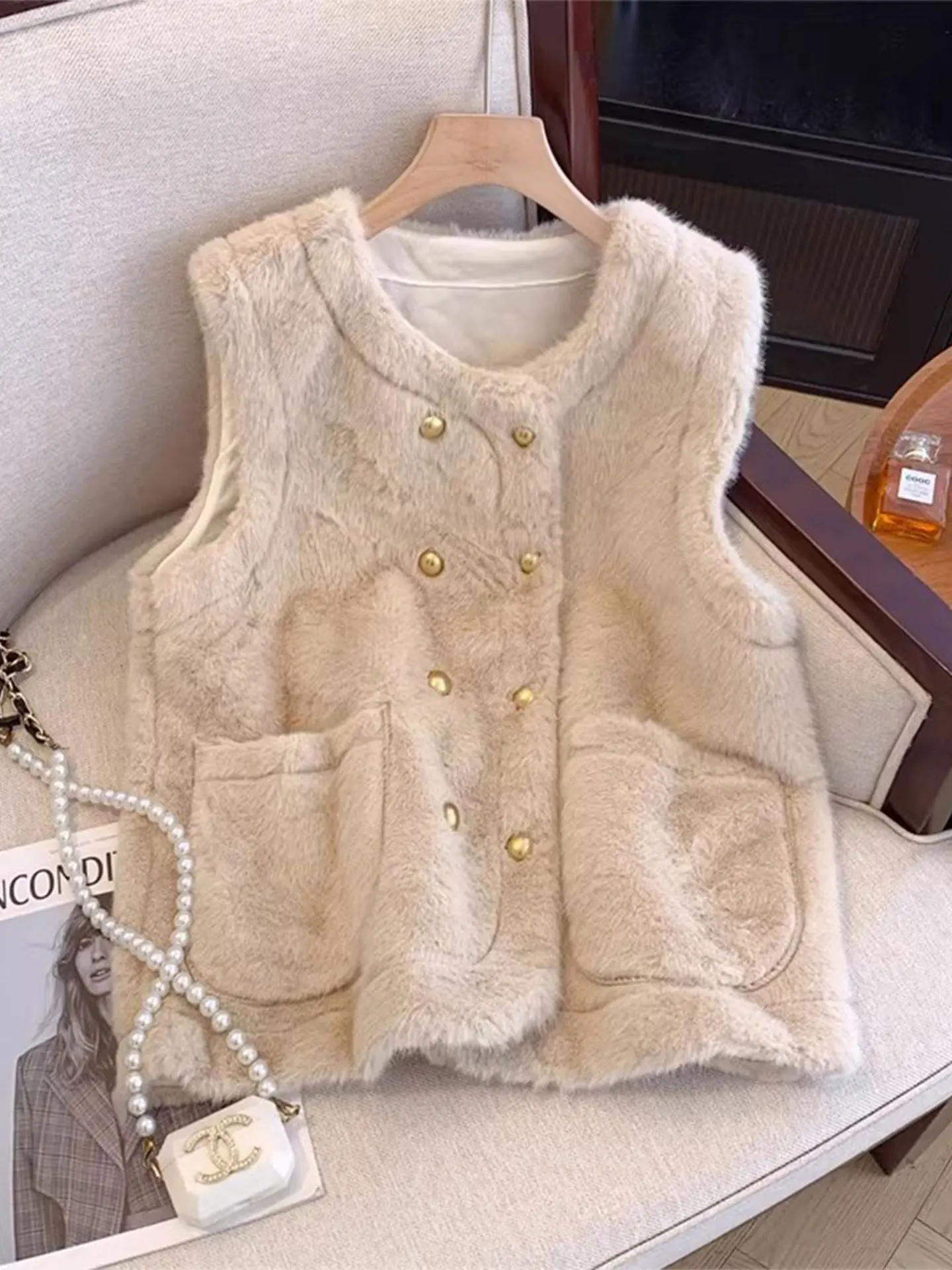 

Женский жилет Ele цвета хаки, куртка больших размеров, зимний теплый меховой кожаный универсальный повседневный жилет с двойной пуговицей