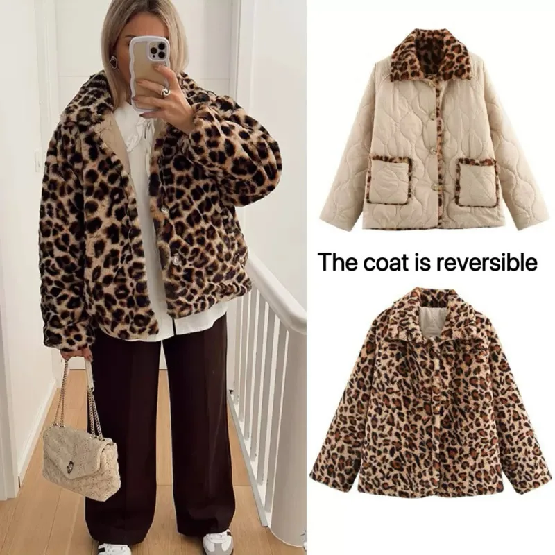 

Двустороннее стеганое хлопковое пальто с леопардовым принтом для женщин, новинка 2023 года, модные винтажные повседневные двусторонние теплые куртки с лацканами, верхняя одежда, уличная одежда