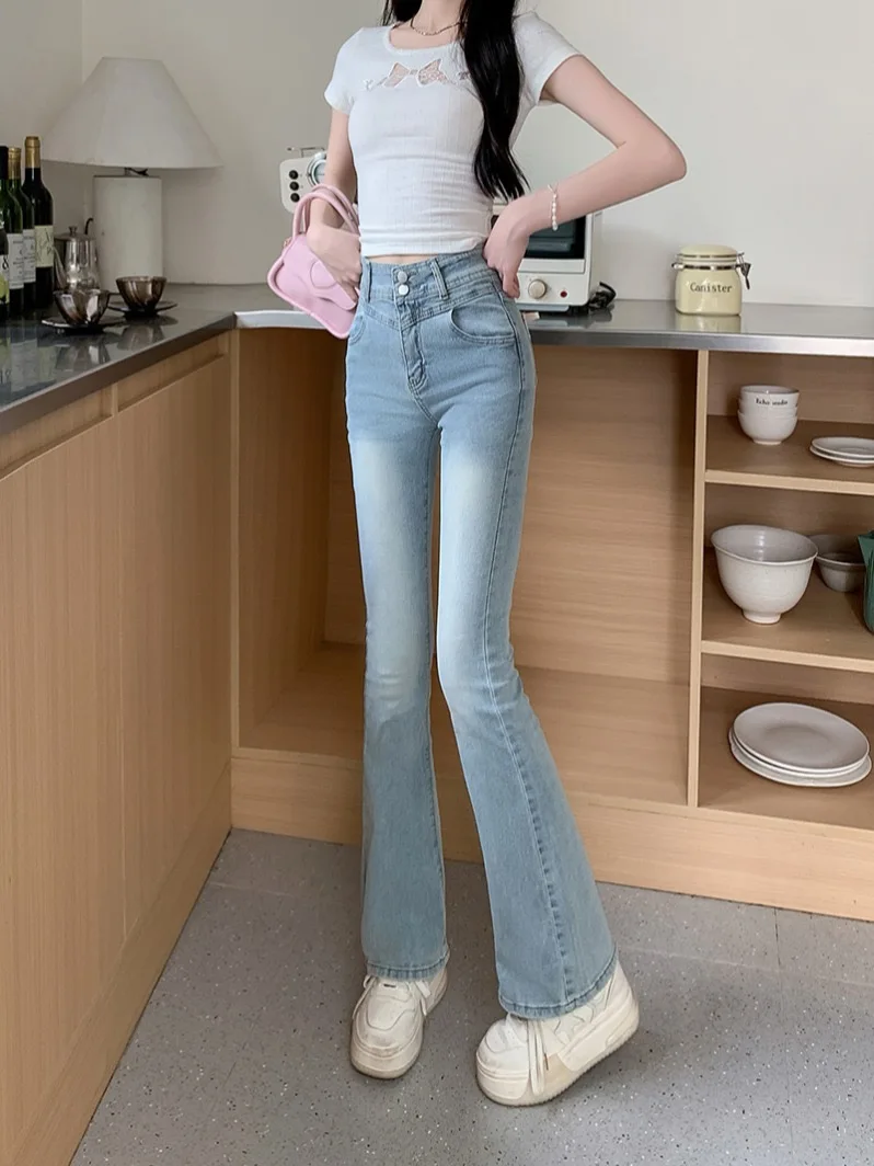 Woman Daily Vintage Blue Flare Jeans Female High Waist Stretch Bell Bottom Pants Girls Kawaii Lace Bow Decoration Denim Trousers
