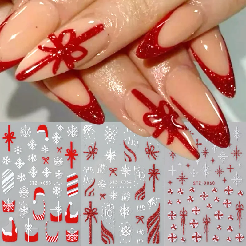 3pc 3D Festivo Natale Nail Art Adesivi Rosso Cappelli di Natale Bowknot Caramelle Fiocco di neve Francese Manicure Capodanno Cursori adesivi Decor