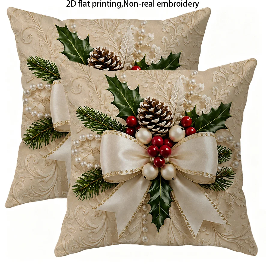 2PCS Christmas Pillow Covers, Bow Pinecone Berry Print, Vintage Luxury, Zipper Cushion Case for Sofa Bed, Machine Washable