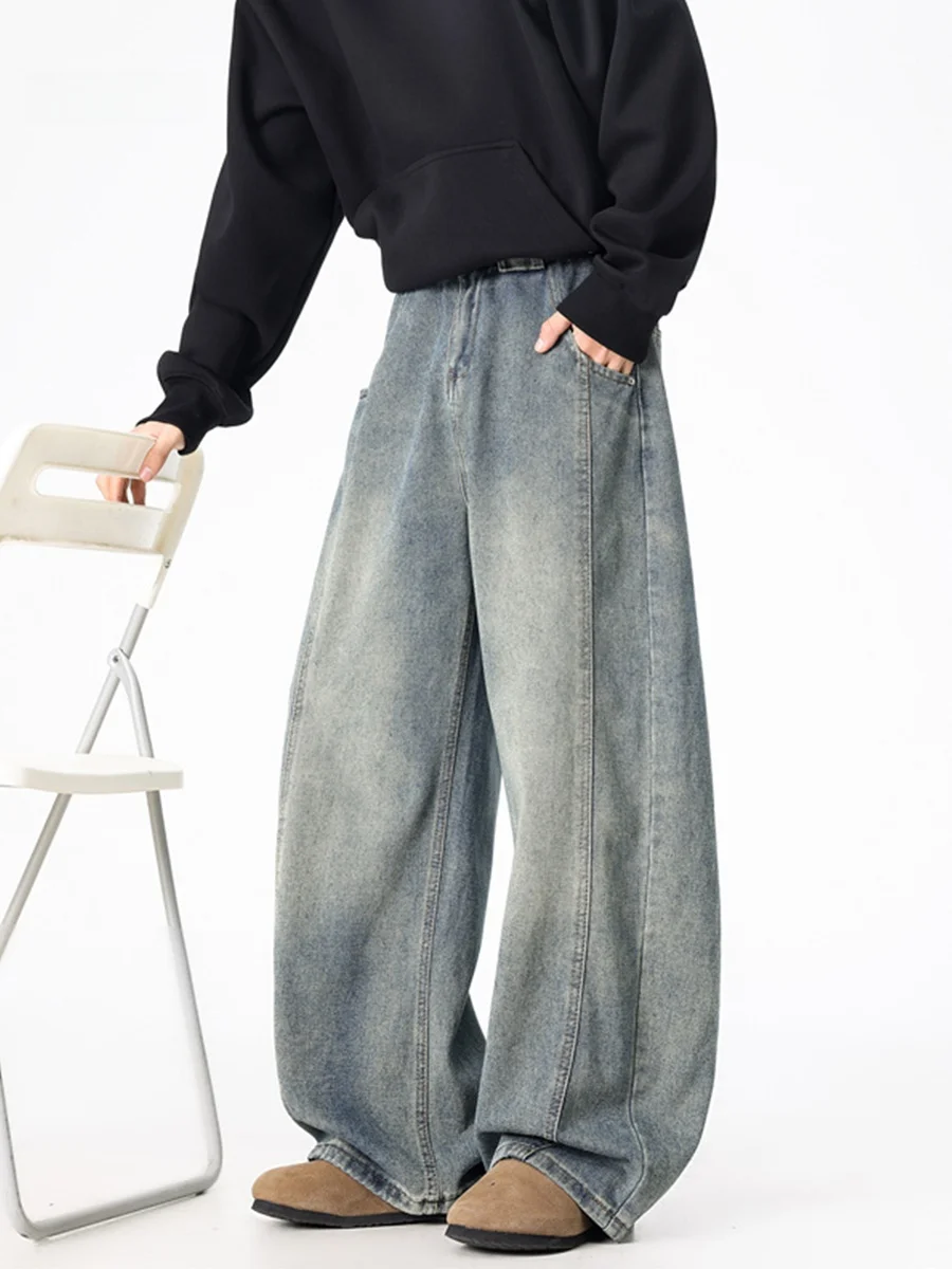 

Американские джинсы прямого кроя в стиле пэчворк для мужчин, осенне-зимние, утепленные, широкие, длинные брюки, повседневные, модные