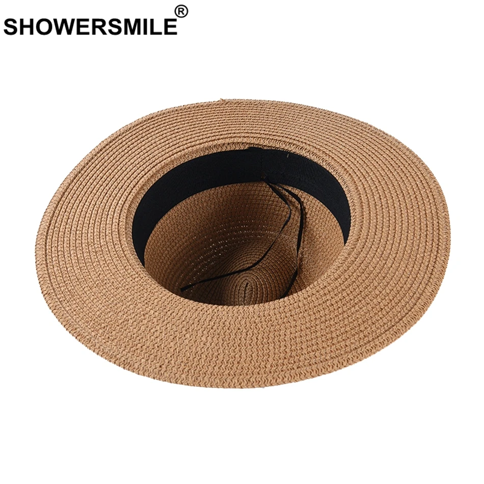 SHOWERSMILE Panama Hat Men Classic Straw Jazz Hat Women Beige Outdoor Casual Hawaiian Ribbon Sun Protection Summer Hat Unisex