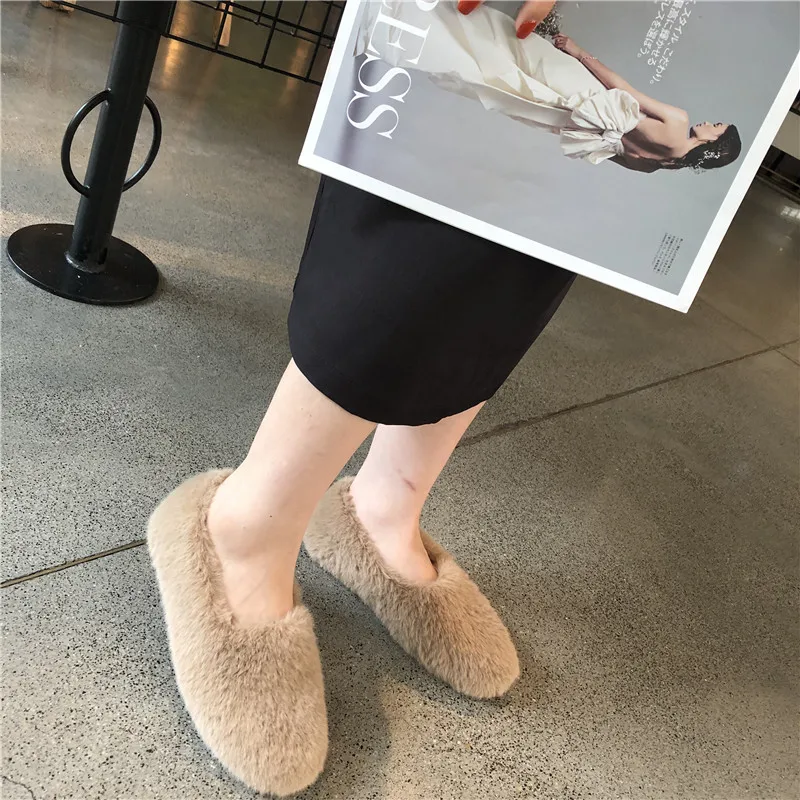 

Shoes Women Fur Loafers casual Round Toe Flats Shoes Winter warm Slip on shallow Comfortable Furry Slides Black khaki apricot