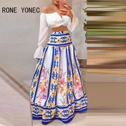 Women Chic  V neck Off shoulder Long Flared Sleeves Solid Tops and All over Print bottoms skirt Sets