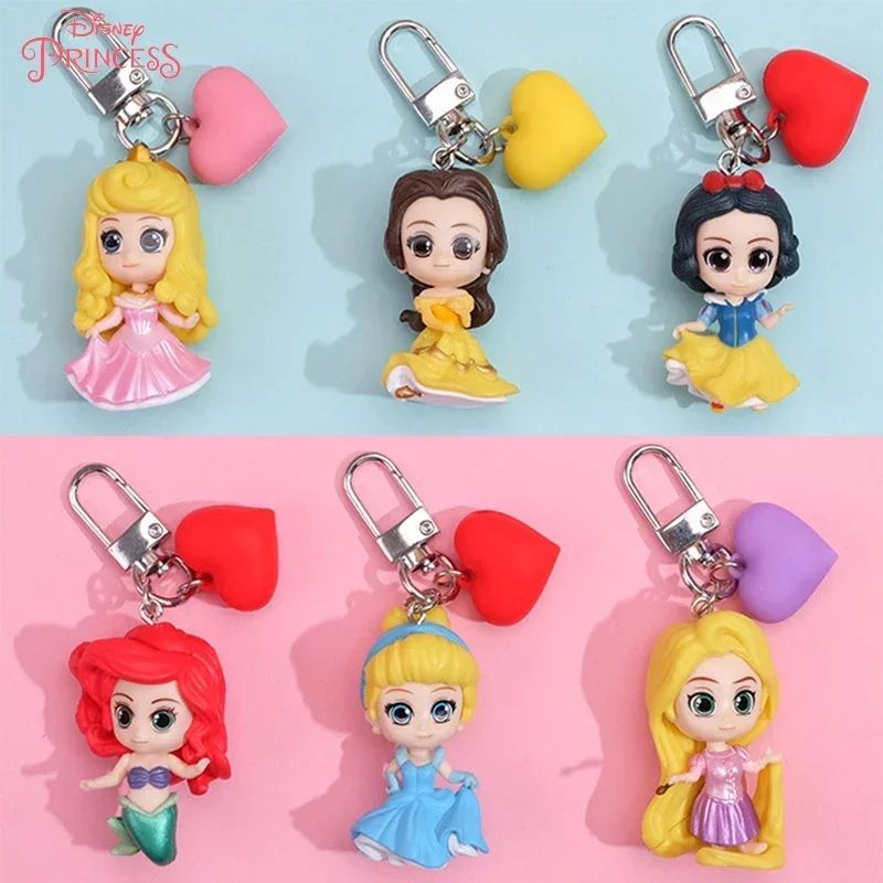 

Disney Princess Series Keychain Cartoon Cinderella Rapunzel Aurora with Cute Heart Bag Decor Keyring Children Toy Birthday Gifts