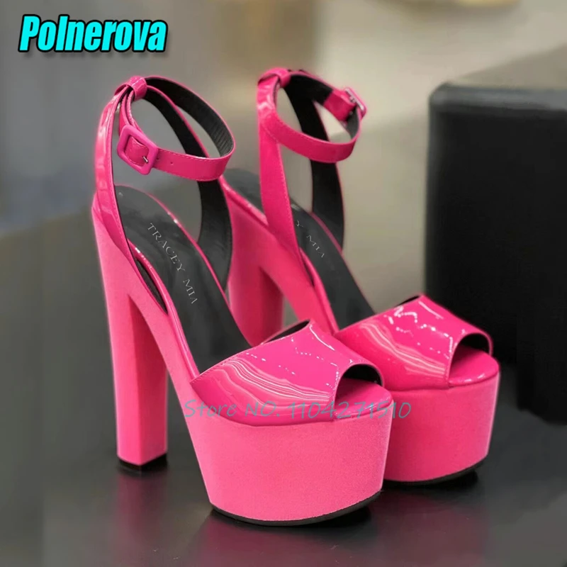 

Platform Thick Heel Women Sandals Sexy Peep Toe 17CM Super High Heels Fashion Patent Leather Ankle Buckle Party Nightclub Shoes