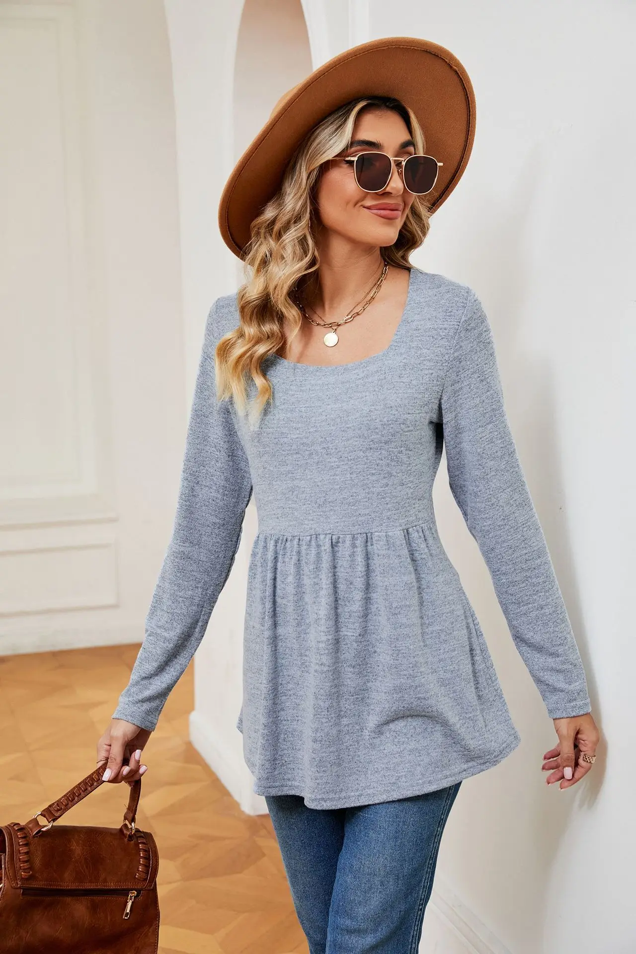 Women's Long Sleeve Pleated Lightweight Sweatshirt, Tops for Autumn, Monochromatic, Square Neck