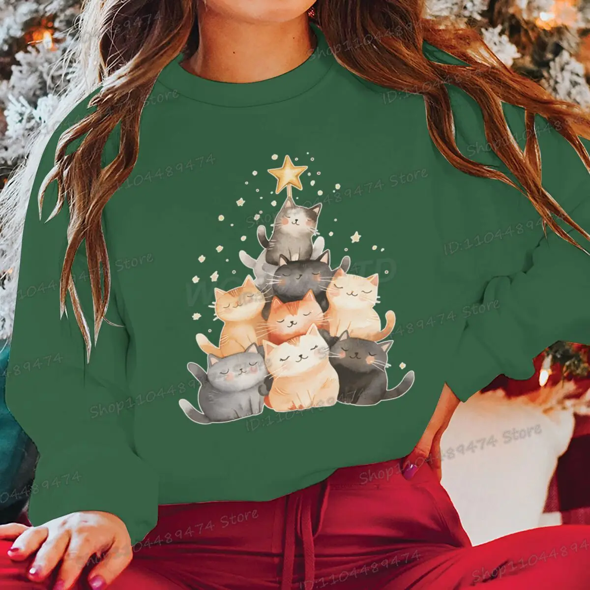 جديد عيد الميلاد للجنسين بلوزات الكرتون القطط شجرة عيد الميلاد سترة الموضة عادية مستديرة الرقبة بلايز النساء الرجال عيد الميلاد البلوز