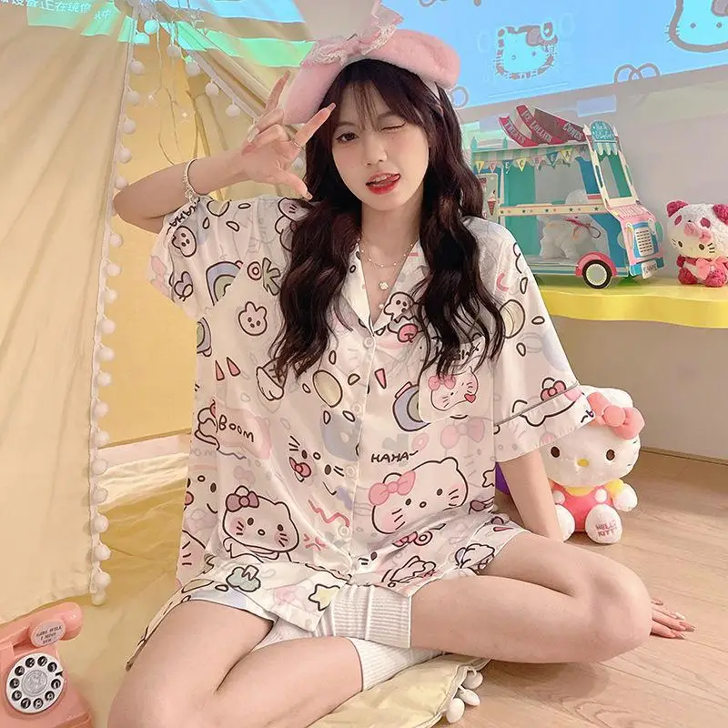 

Sanrio Hello Kitty Kawaii аниме летние шорты с короткими рукавами повседневный комплект из двух предметов домашняя одежда с героями мультфильмов Y2K женские пижамы 2025
