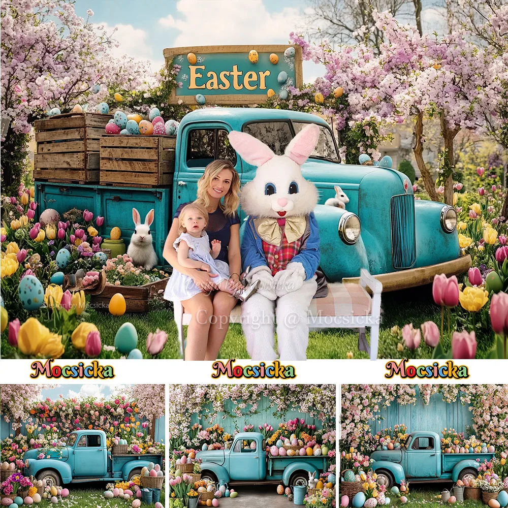 

Mocsicka Easter Background Photography for Baby Show Blue Eggs Flower Truck Forest Backdrop Kids Family Portrait Photo Studio