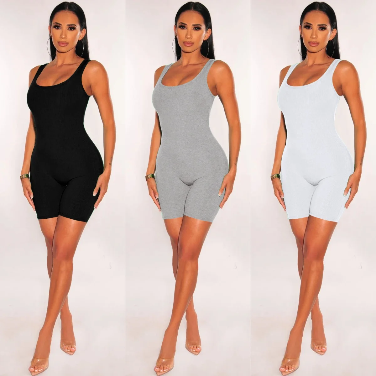 

Women knitting solid sleeveless Bodycon romper playsuit ladies Skinny jumpsuit