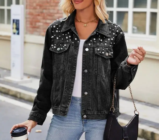 

Autumn Winter New Slim Fit Washed Short Long Sleeved Denim Jacket Fashionable Retro Embroidered Beaded Denim Jacket for Women