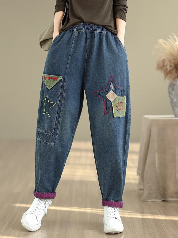 

Свободные джинсы Харлан с вышивкой в стиле ретро, хлопковые брюки с высокой талией для женщин, осенние новые удобные брюки с геометрическим узором