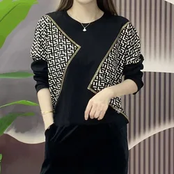 Fashion Diamonds Round Neck Printed Spliced Tops Women's Clothing Vintage Elegant Long Sleeve Loose Pullovers T-shirt Female