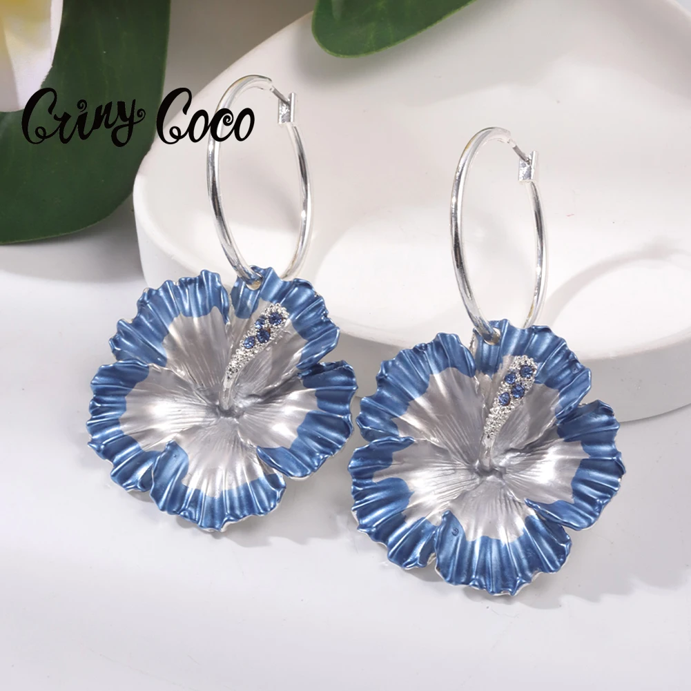 Cring Coco Hibiscus Flowers Hoop Earrings 2022 Trend New Earring Enamel Statement Hoops Earrings Fashion Jewelry for Women