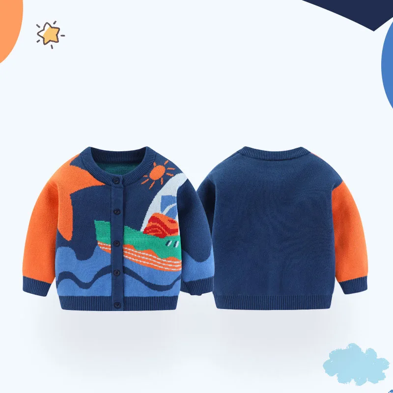 New Spring Autumn Ins Baby Boys Sweater Patched Cartoon Cotton Children Boys Coat Colorful Single Breasted Little Boys Knitwear