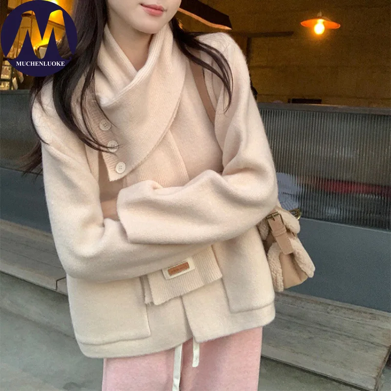 

Кардиганы женские осенне-зимние съемный шарф вязаные свитера пальто корейская мода повседневный свободный утолщенный теплый плащ