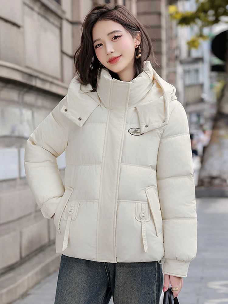 

Angora Red Hooded Cotton Jaet Women's Warm Loose Winter Coat Korean Sle Zipper ket Polyester Fabric Cotton Filling