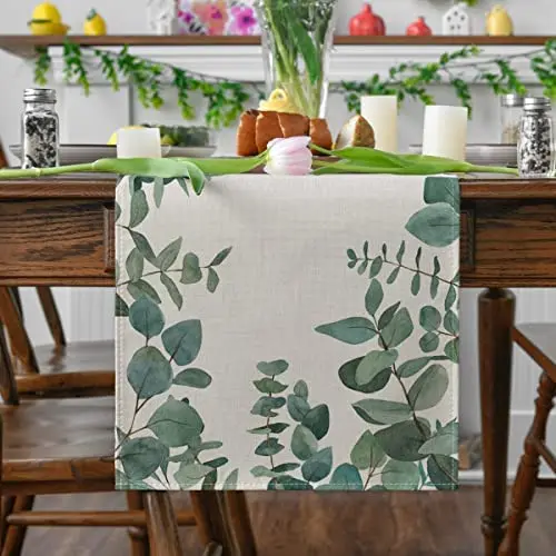 

Eucalyptus Leaves Linen Table Runner Home Decoration Seasonal Spring Summer Green Holiday Dining Table Runner Party Decoration