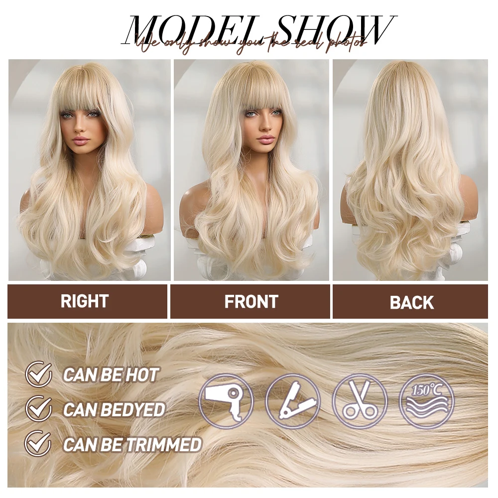 oneNonly Synthetic Wigs for Women Blonde Wig with Bangs Long Wave Natural Wig Hair Heat Resistant Fiber