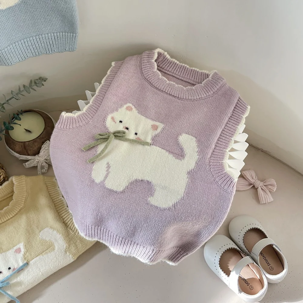 Baby Girls Sleeveless Sweater Spring Autumn Cute Cartoon Cat Knitted Vest Kids Waistcoat Children Clothes Warm Knit Vest Tops