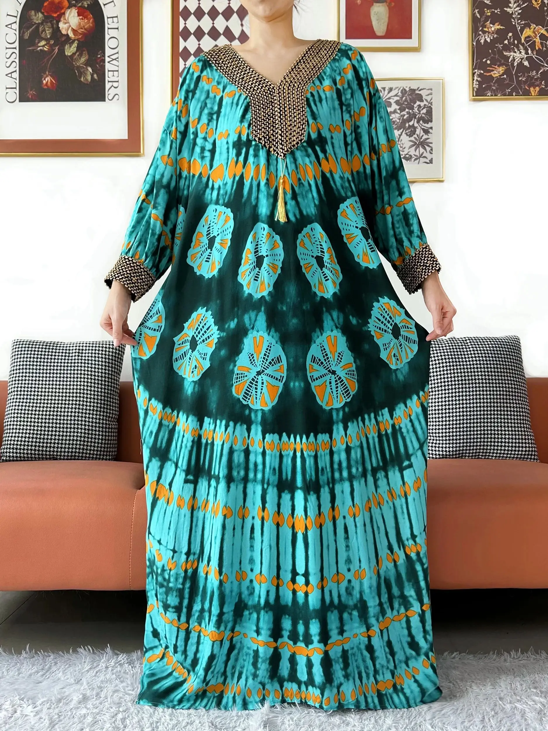 Robe musulmane élégante à manches longues, broderie fil d'or, coton pour femmes, ample, Abaya, style Boho, Maxi, tenue décontractée, robes africaines