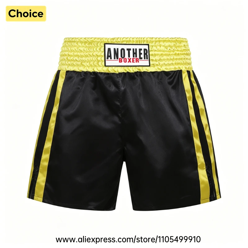 Boxshorts mit seitlichem Schlitz, Satin-Muay-Thai-Shorts für Herren, Damen, Jugendliche, Training, Sparring, schwarze Shorts für MMA, Kickboxen, englische Boxen