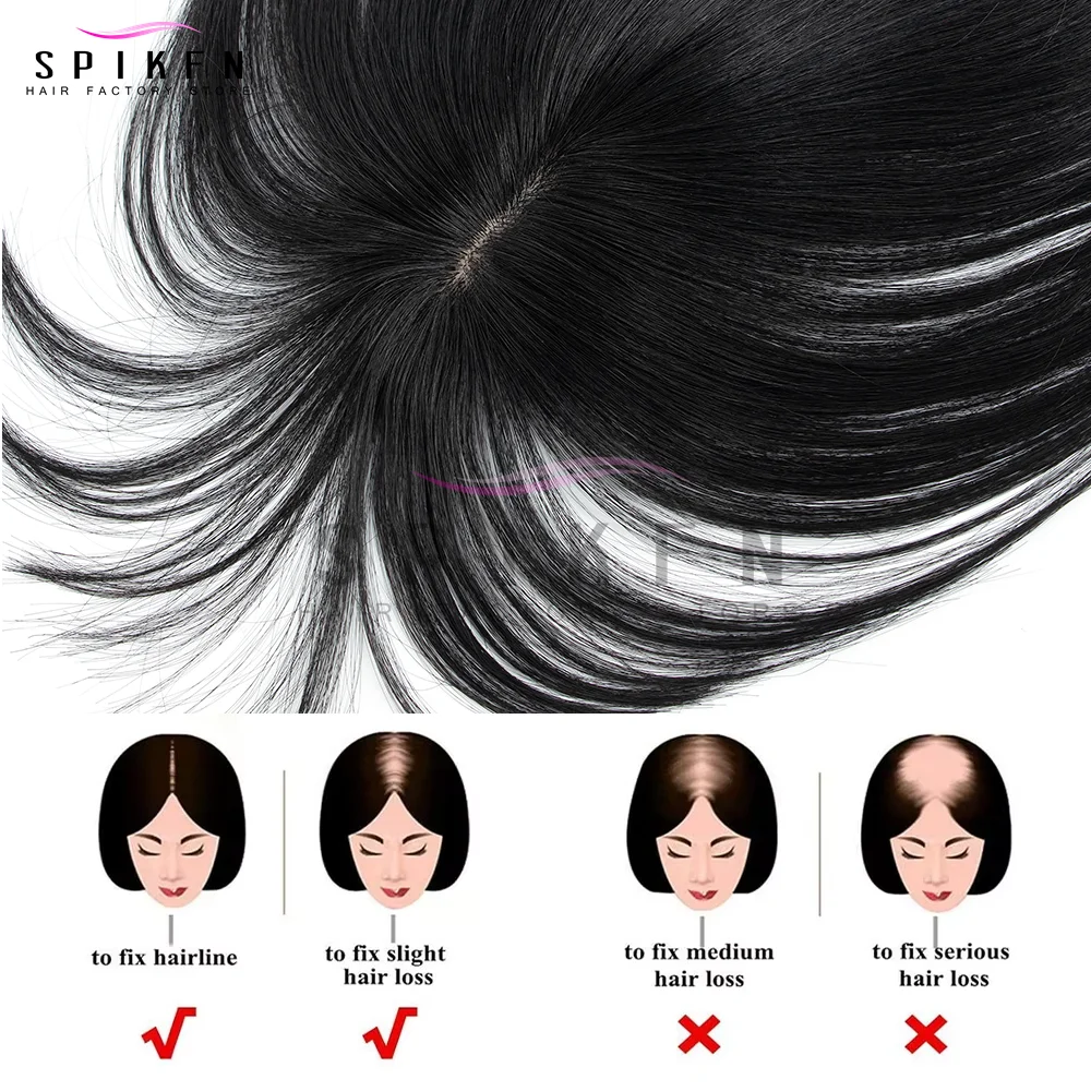 SPIKFN Haar Topper Middelste Deel met Pony 5x9 cm Basis Netto 8 "-14" Echt Menselijk Haar Topper Natuurlijke Rechte Top Haarstukjes Voor Vrouwen