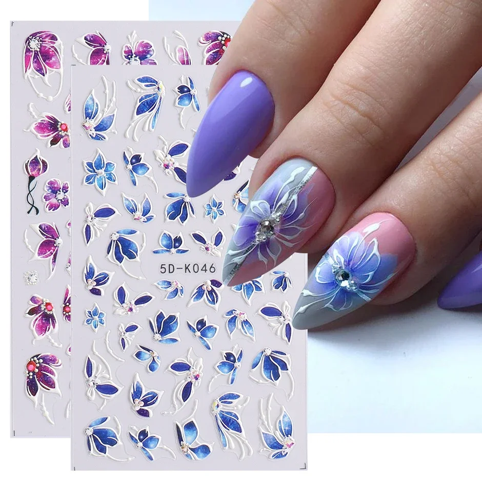 5D Embossed Petal Stickers Blue Purple Lace Flower Nail Art Design Engraved Acrylic Decals Elegant Decor Manicure SA5D-K046