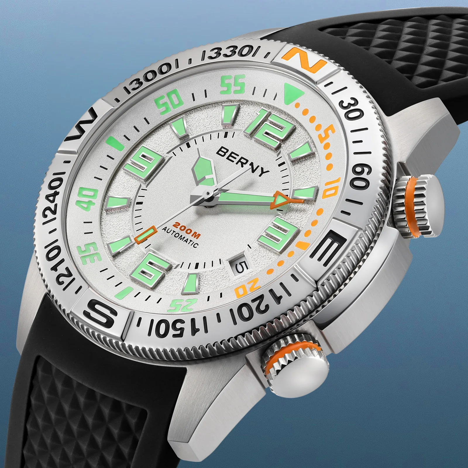 BERNY Men's Dive Watches Super Luminous 200M Waterproof Automatic Mechanical Diver Watch Calendar Sapphire Swim Outdoor Sports