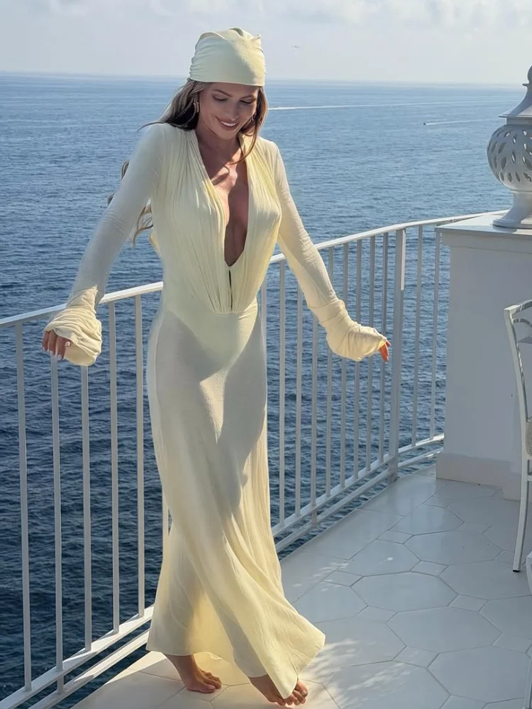 Premium Deep V-Neck Gown Solid Shirred Finger Sleeve Long Sleeve Stretchy Slim Maxi Dress 2026 Summer Vacation Date Vibe Outfit