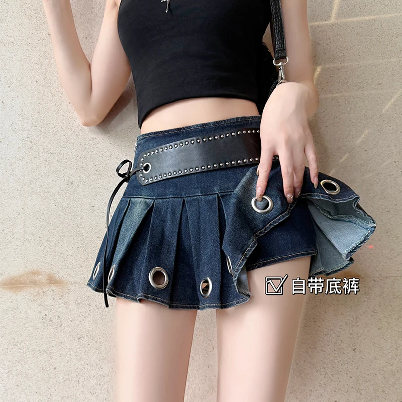 

2025 Women's American Pure Desire Spicy Girl Design Sense Elastic Rivet Belt Cowboy Hundred Fold Hollow Y2K Mini Half Skirt