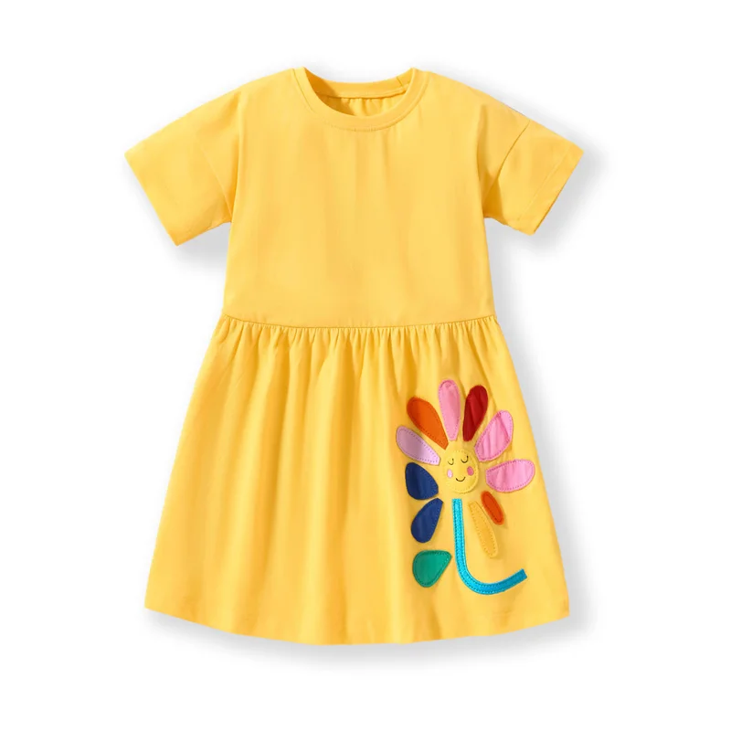 Jumping Meters  2-8 Years New Arrival Girls Dresses Flower  Applique Hot Selling Summer Kids Clothing Short Sleeve Baby Frocks