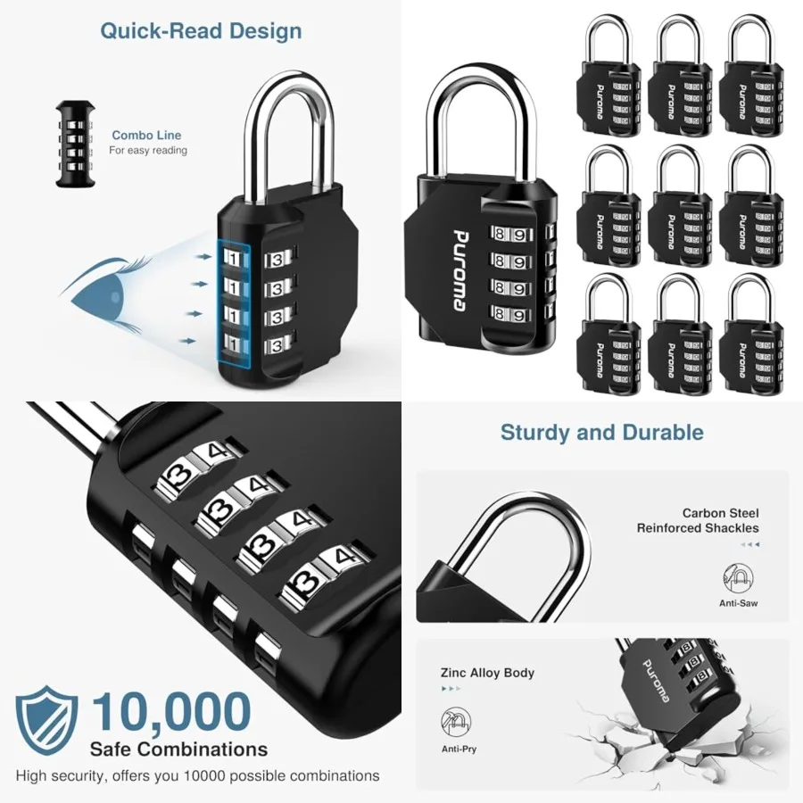 

10 Pack Combination Lock for Locker 4 Digit Outdoor Waterproof Padlock for School, Gym, Sports, Fence, Toolbox, Gate, Case, Outdoor, Hasp Storage, Cabinets (Black