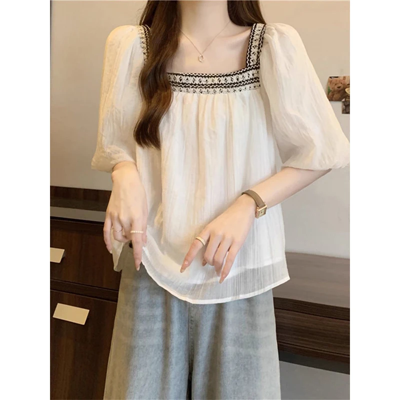 Women Summer Simplicity Loose Temperament Embroidered Square Collar Short Sleeve Shirts Women Clothes Casual All-match Thin Tops