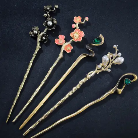 Alloy Simple Hair Sticks for Women Girls Metal Hairpin Vintage Floral Hair Forks Hair Accessories Gift