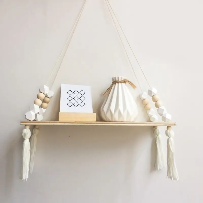 1 Pcs Wall Hanging Decor Swing Shelf Decorative Shelves Room Storage Organization personality Kids Room Wooden Beads Tassel