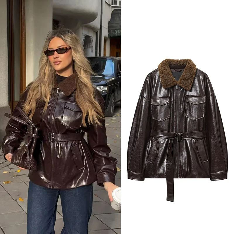 

Women's Faux Leather Jacket Coats Autumn Winter Fashion With Belt Turn-down Collar Long Sleeve Coats Female Outerwear Chic Tops