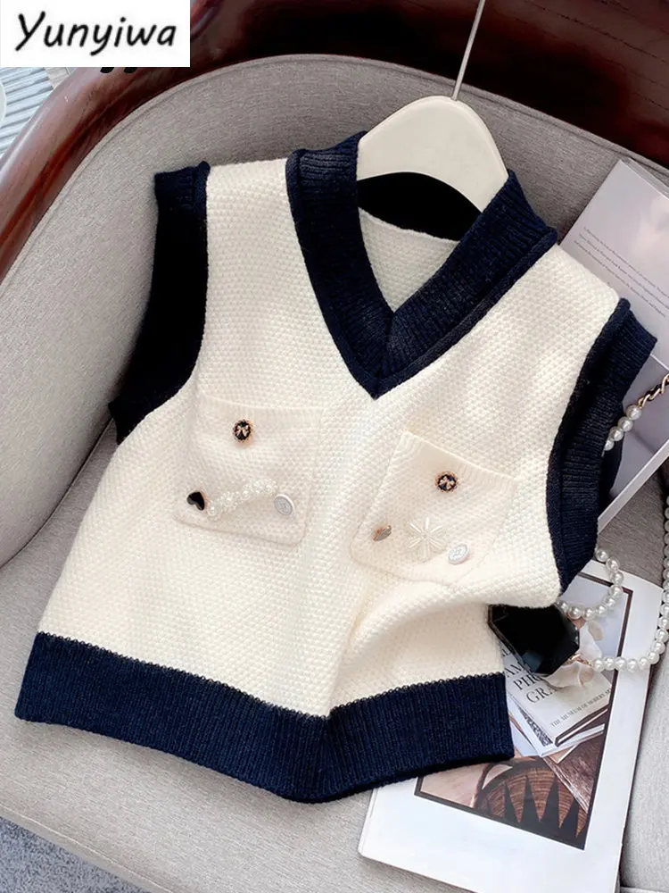 

Vest Women Cropped Sweater Black White V-Neck Patchwork Tops Knitted Button Spring Autumn Shrug Sleeveless Vintage