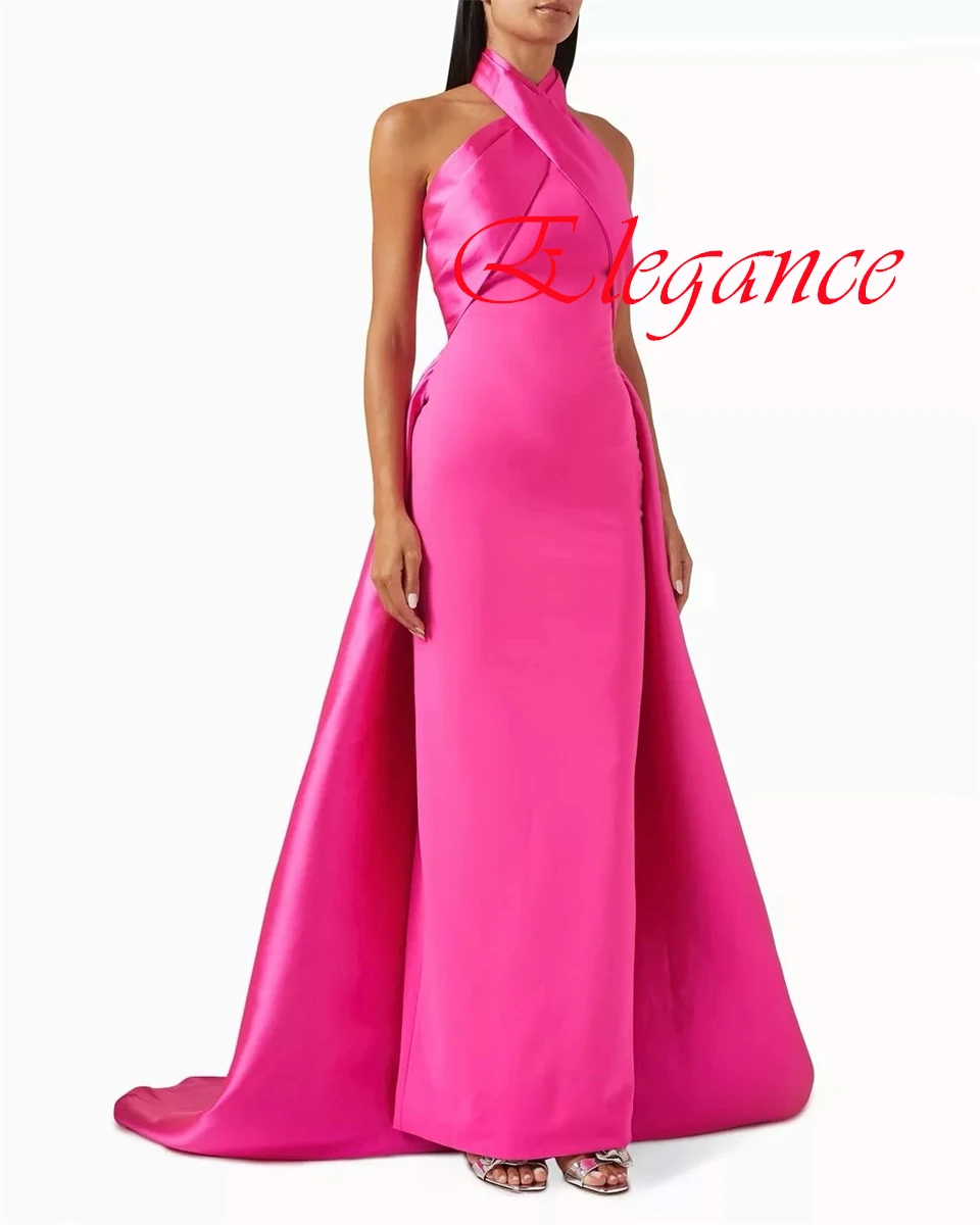 

Customized High Quality Pink Jersey Evening Dress Temperament Halter Sleeveless Open Back Back Slit Special Occasion Gowns