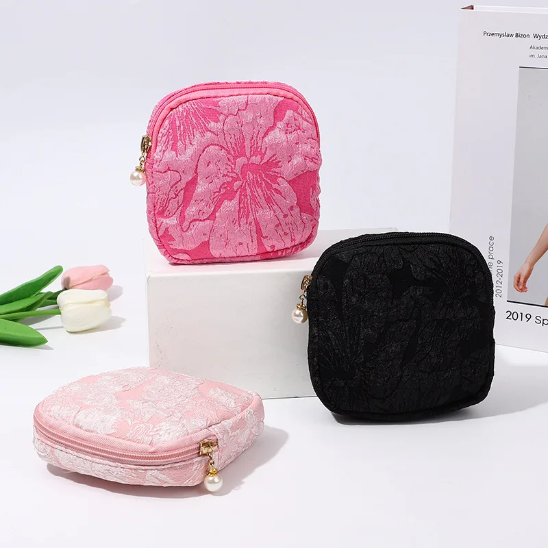 Sacchetto di immagazzinaggio del tovagliolo sanitario floreale coreano borse per il trucco portatili borsa per cosmetici da donna borsa per monete