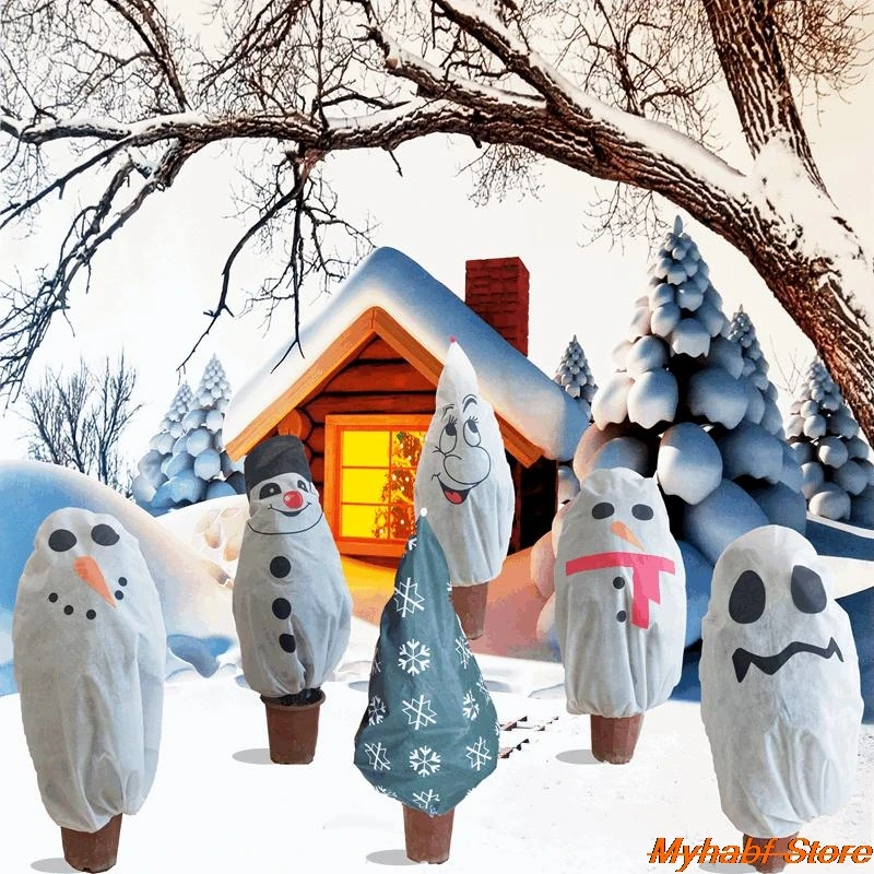 Cute Cartoon Plant Cover Christmas Tree Shrub Anti-Insect Frost Protection Winter Plant Cover Bags Christmas Home Garden Decor