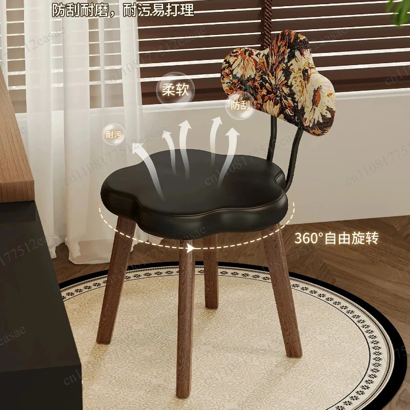 Ergonomic Makeup Stool, 360° Rotatable, Solid Wood Legs Backrest Chair For Women Bedroom Wardrobe