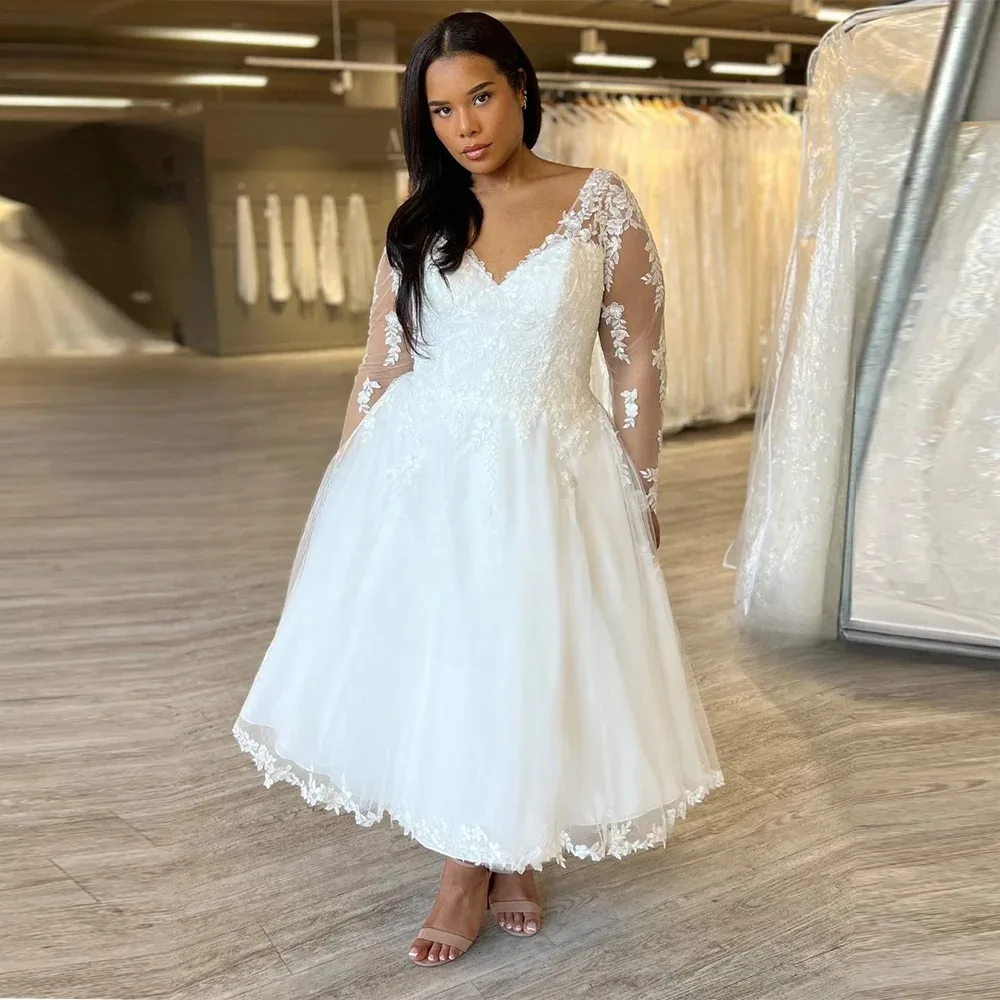 Elegant V-neck Midi Calf Wedding Dresses Plus Size Applique Backless Long Sleeve Bridal Gowns Boho vestido de novia Customized