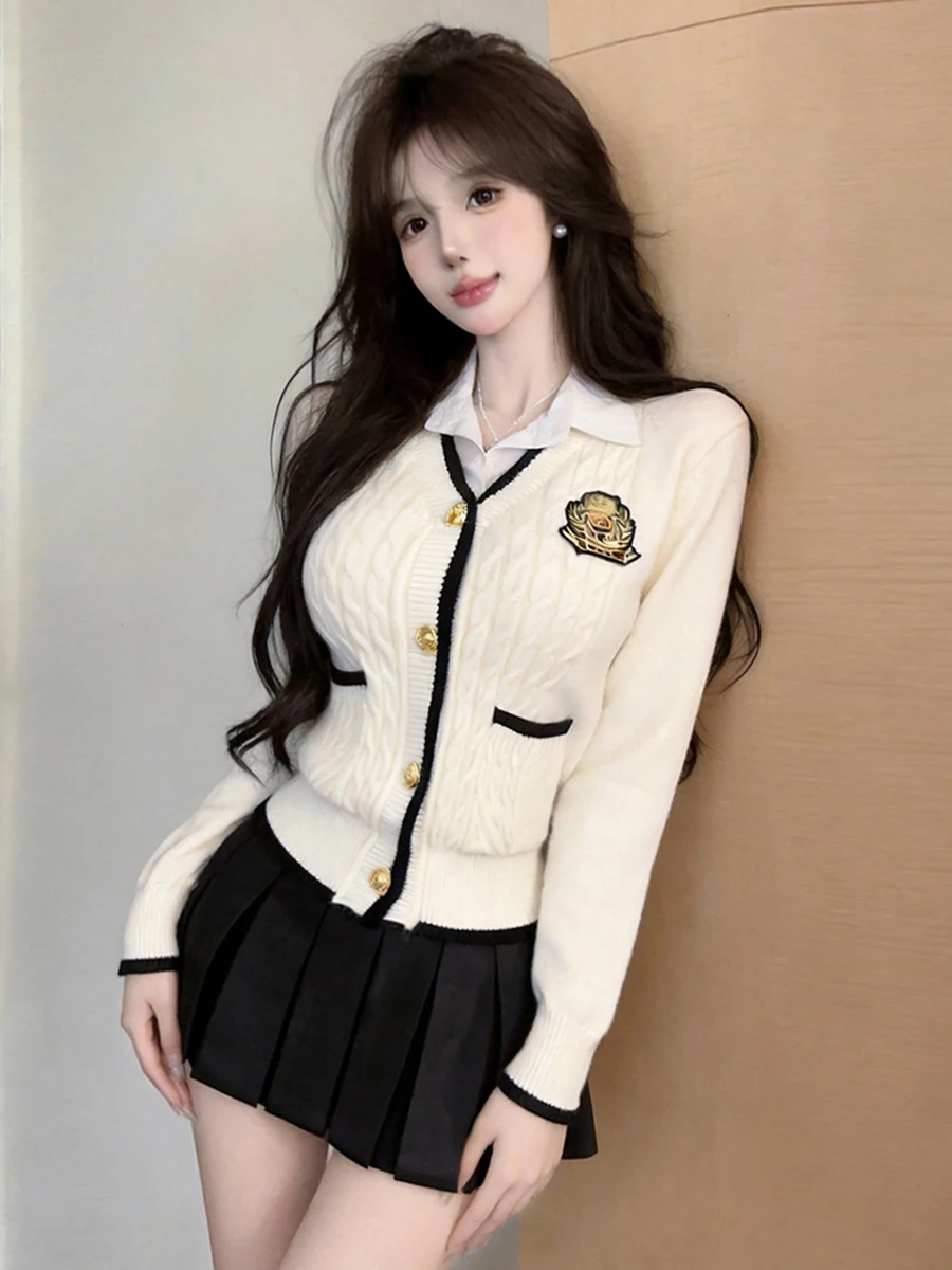 Korean College Style Long Sleeve  Collar Knitted Patchwork Ribbing Slim Fit Cardigan Color Block Fake Two-Piece Knitwear ...