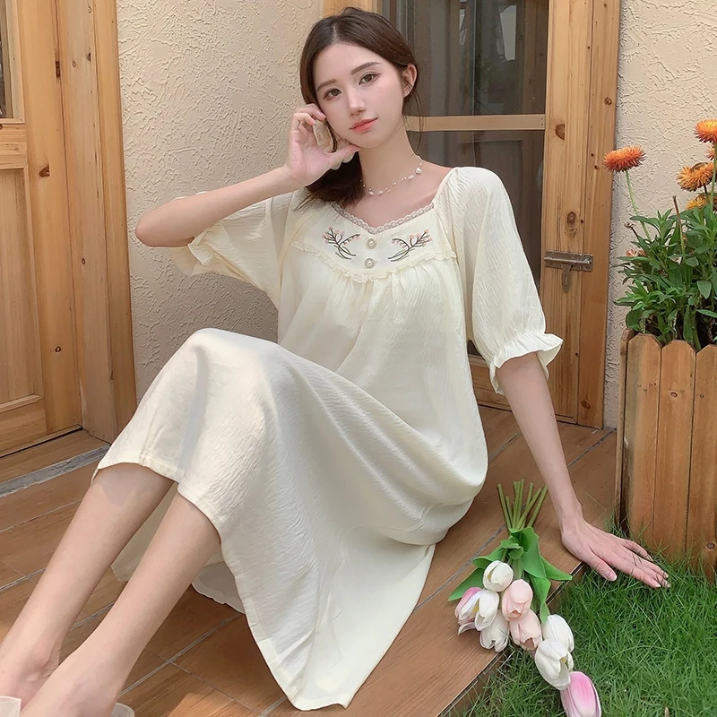 Summer Short Sleeve Cotton Long Dress Nightgowns for Women Korean Cute Lace Sleepwear Student Night Dress Nightdress Home Nighty