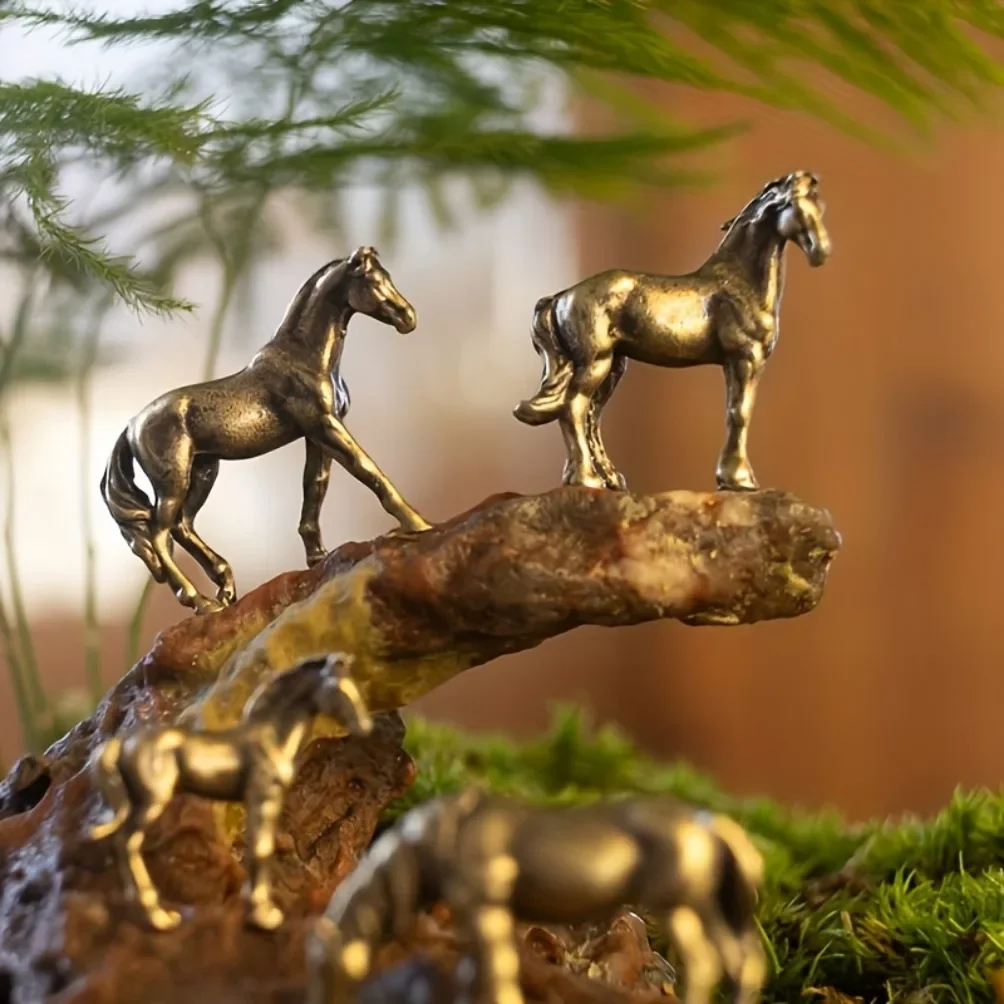 Figuras Caballo Cola Larga Latón Antiguo, Miniatura Adorno Feng Shui Animal Zodiaco Cobre Artesanía Decorativo
